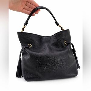 Coach Black Pebbled Leather Mini Drawstring Bucket Bag Tassel Gold Hardware